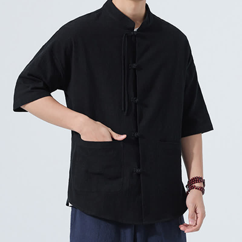 Nimara Ritual Summer Tang Style Casual Mandarin Collar Frog Button Solid Men's Elbow-Length Sleeve Shirts With Pocket
