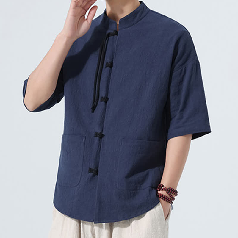 Nimara Ritual Summer Tang Style Casual Mandarin Collar Frog Button Solid Men's Elbow-Length Sleeve Shirts With Pocket