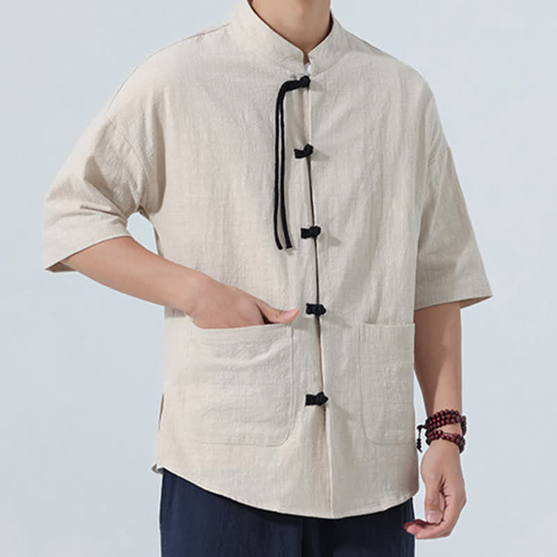 Nimara Ritual Summer Tang Style Casual Mandarin Collar Frog Button Solid Men's Elbow-Length Sleeve Shirts With Pocket
