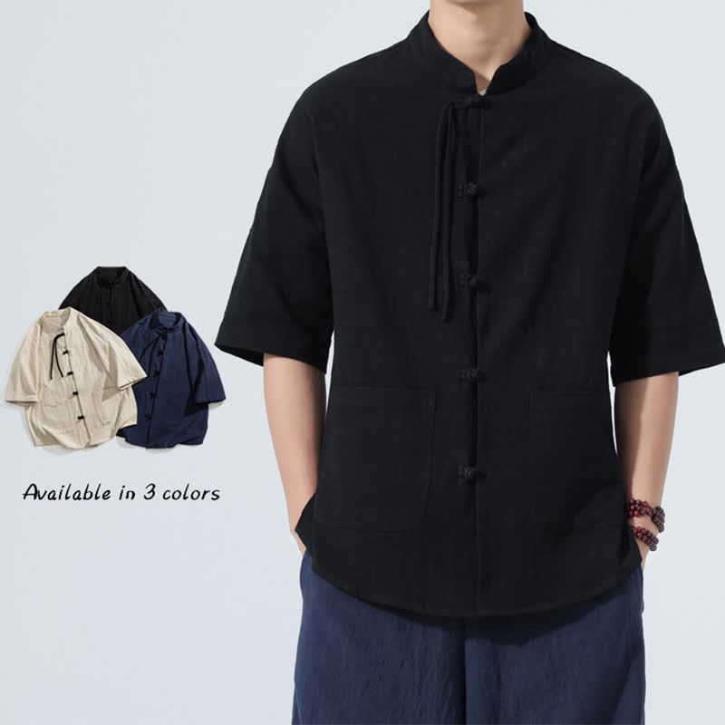 Nimara Ritual Summer Tang Style Casual Mandarin Collar Frog Button Solid Men's Elbow-Length Sleeve Shirts With Pocket
