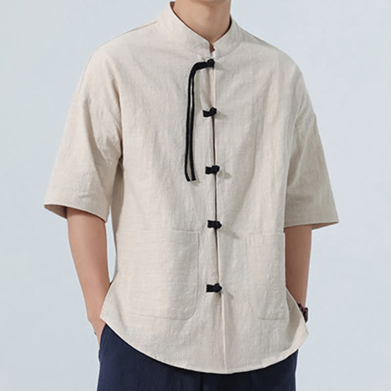 Nimara Ritual Summer Tang Style Casual Mandarin Collar Frog Button Solid Men's Elbow-Length Sleeve Shirts With Pocket