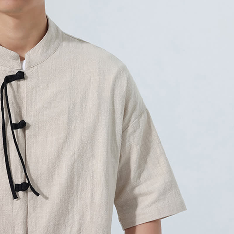 Nimara Ritual Summer Tang Style Casual Mandarin Collar Frog Button Solid Men's Elbow-Length Sleeve Shirts With Pocket