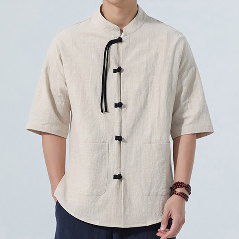 Nimara Ritual Summer Tang Style Casual Mandarin Collar Frog Button Solid Men's Elbow-Length Sleeve Shirts With Pocket