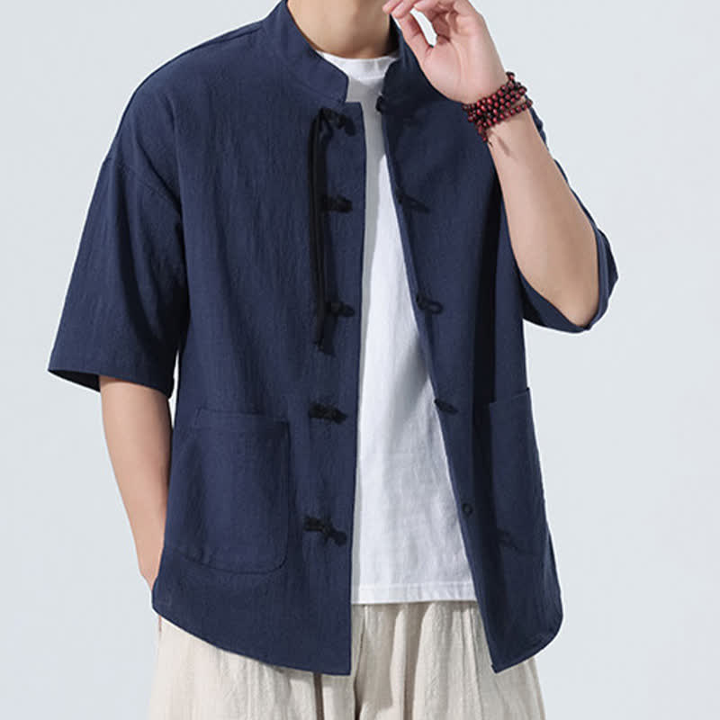 Nimara Ritual Summer Tang Style Casual Mandarin Collar Frog Button Solid Men's Elbow-Length Sleeve Shirts With Pocket