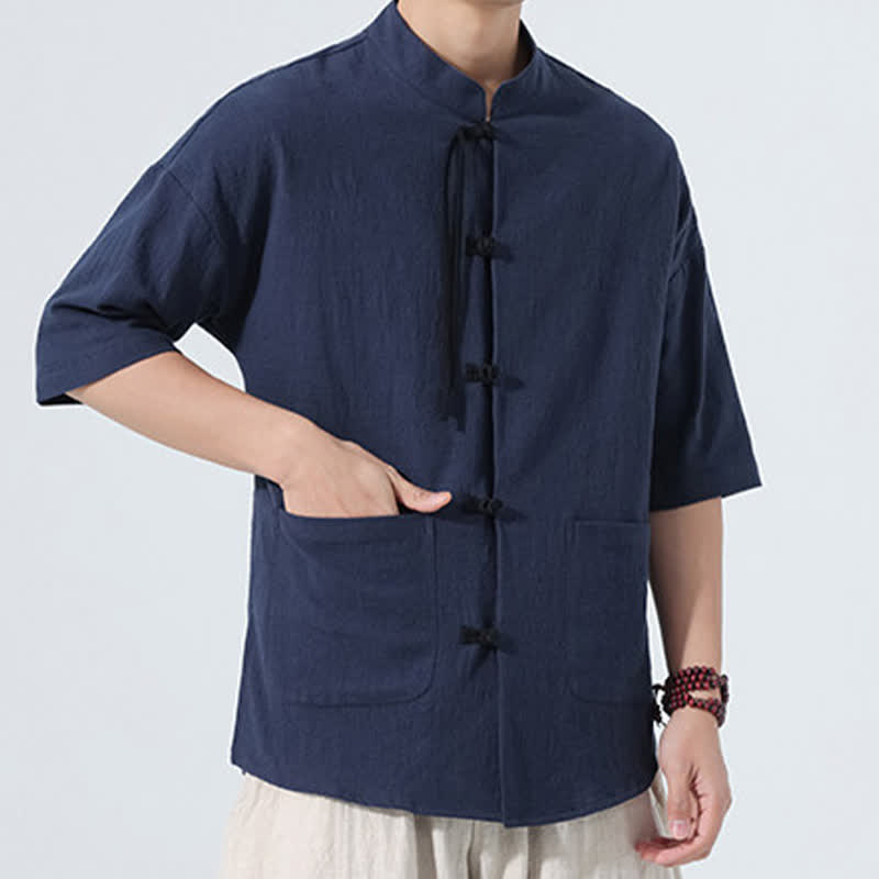 Nimara Ritual Summer Tang Style Casual Mandarin Collar Frog Button Solid Men's Elbow-Length Sleeve Shirts With Pocket