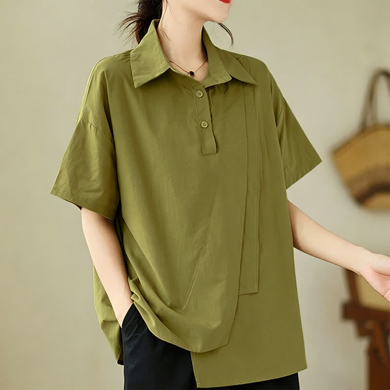 Nimara Ritual Summer Casual Minimalist Button-up Solid Asymmetric Layered Design Women's Short Sleeve Shirts