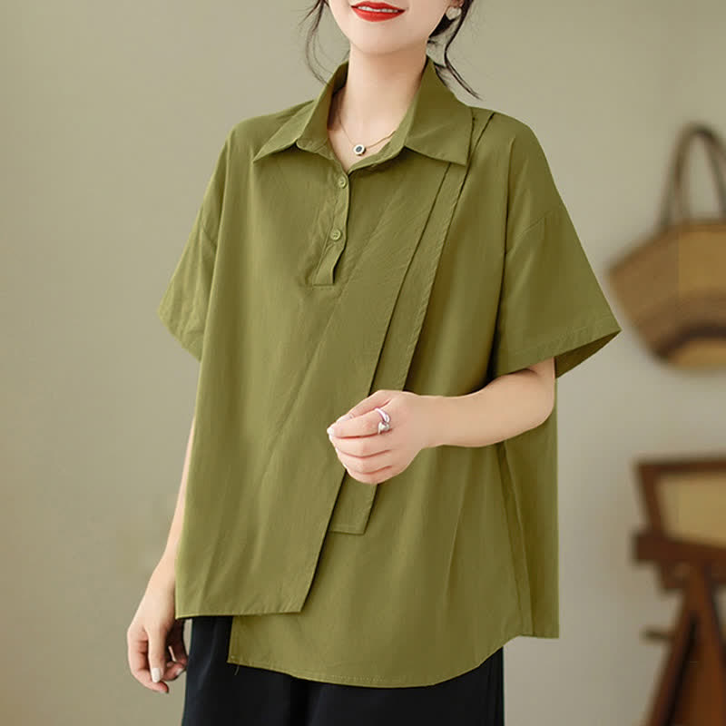 Nimara Ritual Summer Casual Minimalist Button-up Solid Asymmetric Layered Design Women's Short Sleeve Shirts