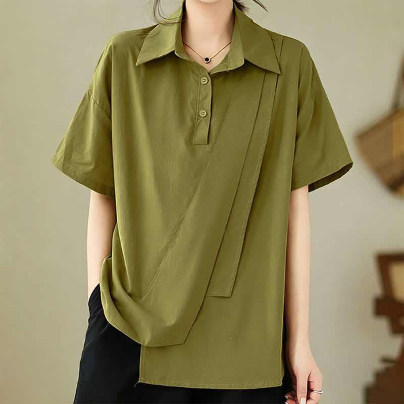 Nimara Ritual Summer Casual Minimalist Button-up Solid Asymmetric Layered Design Women's Short Sleeve Shirts