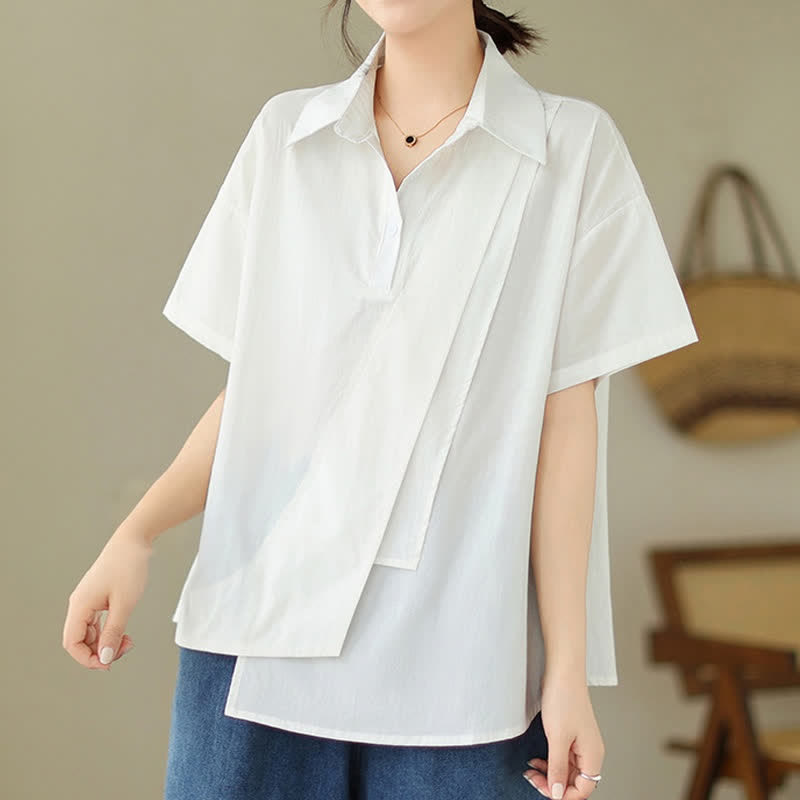 Nimara Ritual Summer Casual Minimalist Button-up Solid Asymmetric Layered Design Women's Short Sleeve Shirts