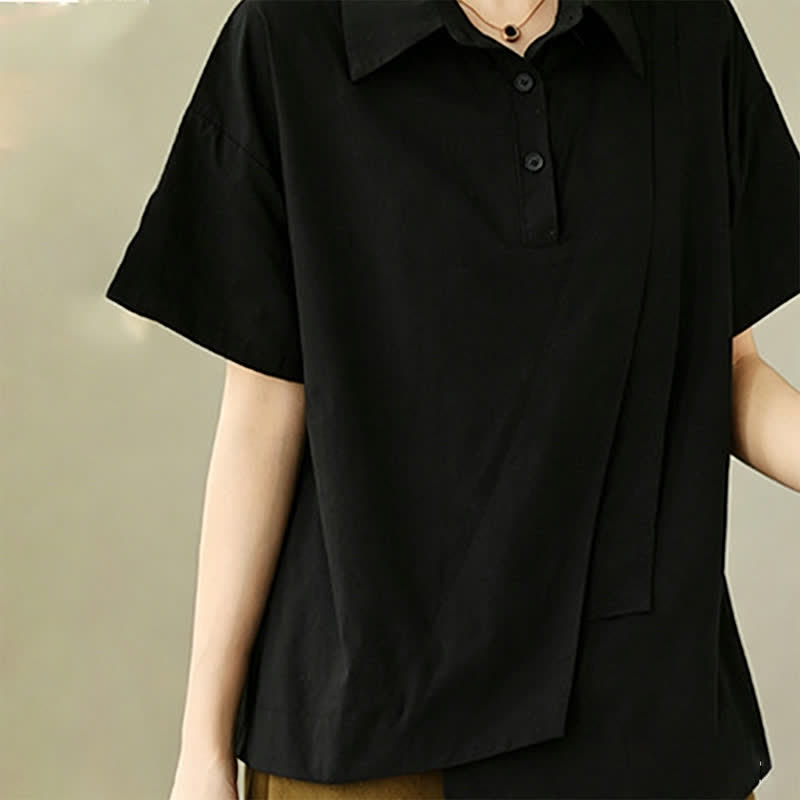 Nimara Ritual Summer Casual Minimalist Button-up Solid Asymmetric Layered Design Women's Short Sleeve Shirts