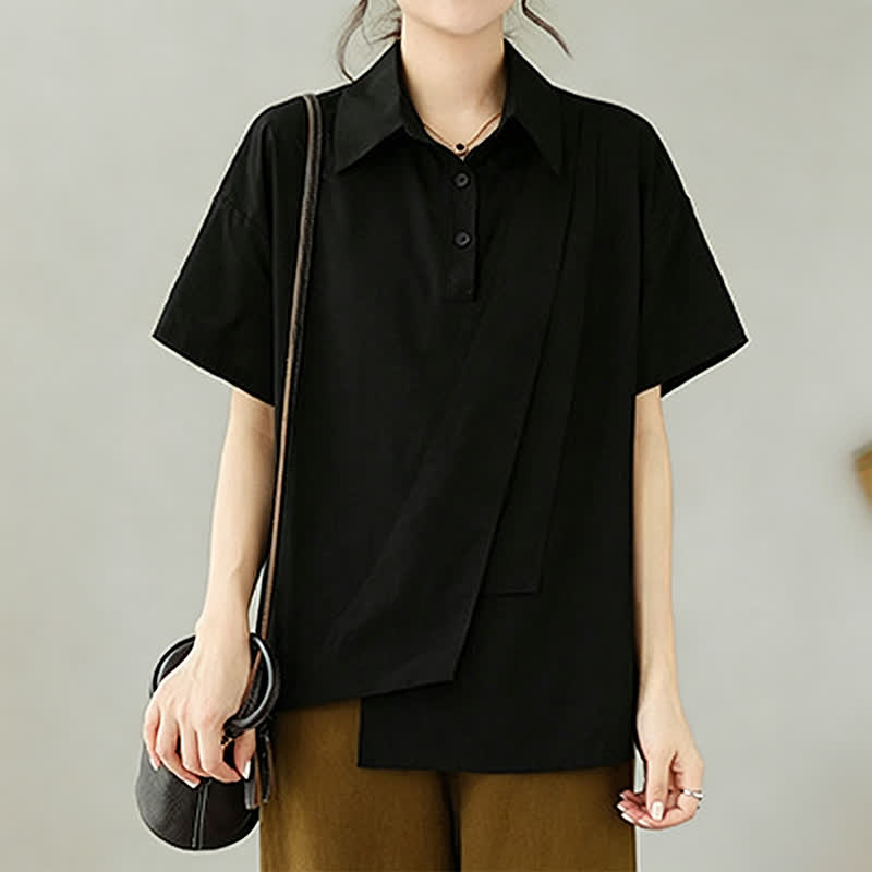 Nimara Ritual Summer Casual Minimalist Button-up Solid Asymmetric Layered Design Women's Short Sleeve Shirts