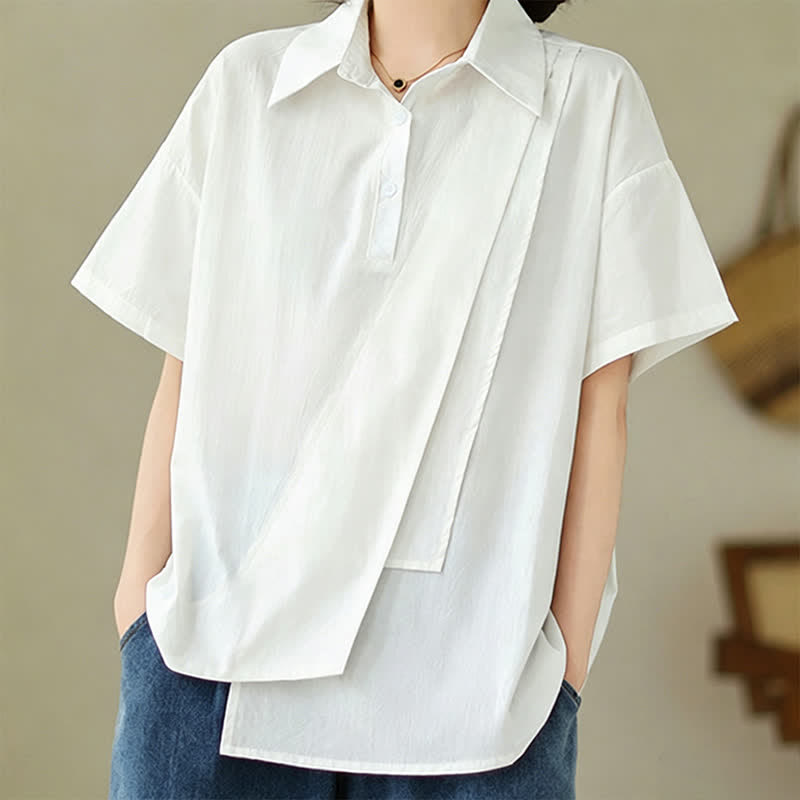 Nimara Ritual Summer Casual Minimalist Button-up Solid Asymmetric Layered Design Women's Short Sleeve Shirts