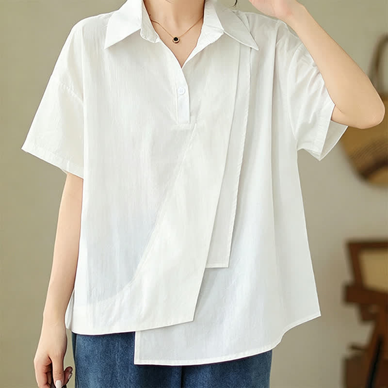 Nimara Ritual Summer Casual Minimalist Button-up Solid Asymmetric Layered Design Women's Short Sleeve Shirts