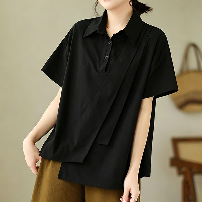 Nimara Ritual Summer Casual Minimalist Button-up Solid Asymmetric Layered Design Women's Short Sleeve Shirts