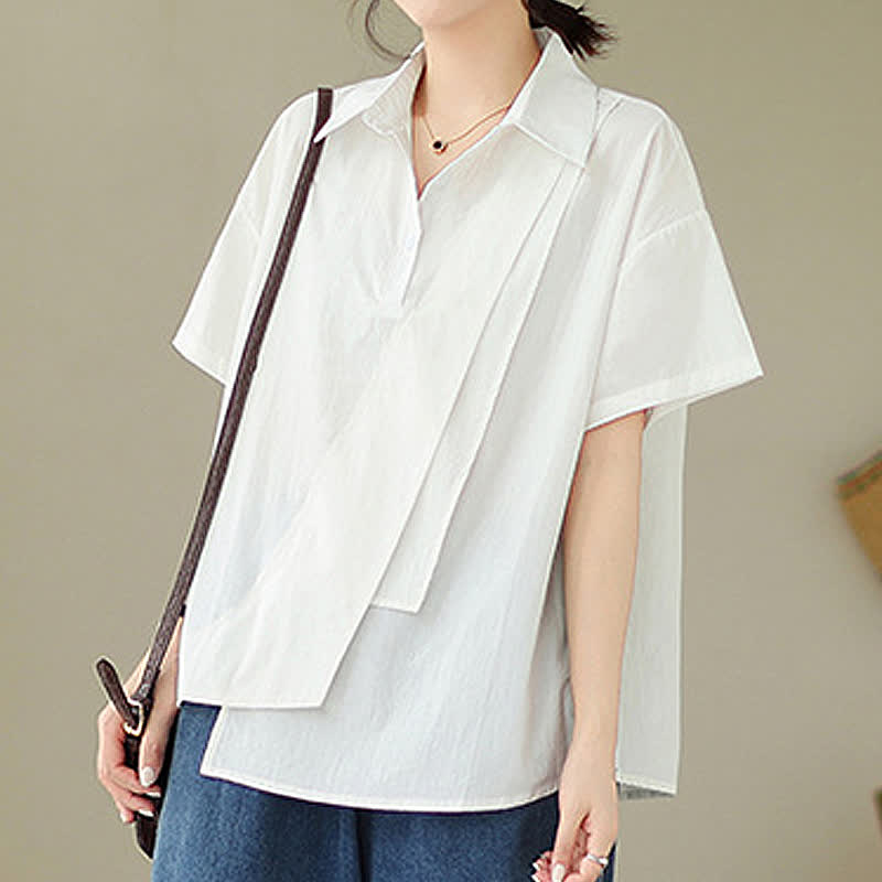 Nimara Ritual Summer Casual Minimalist Button-up Solid Asymmetric Layered Design Women's Short Sleeve Shirts