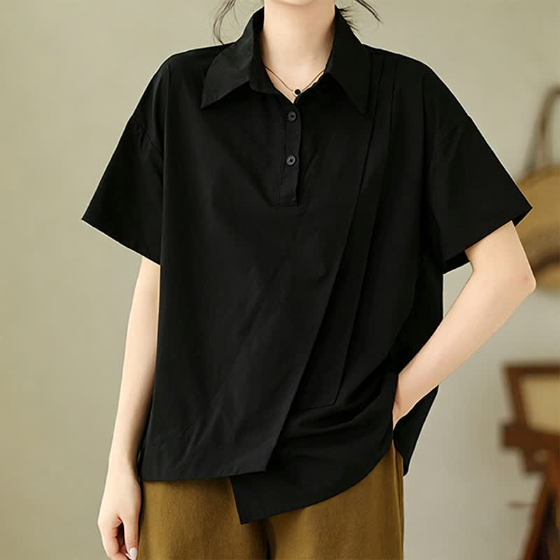 Nimara Ritual Summer Casual Minimalist Button-up Solid Asymmetric Layered Design Women's Short Sleeve Shirts