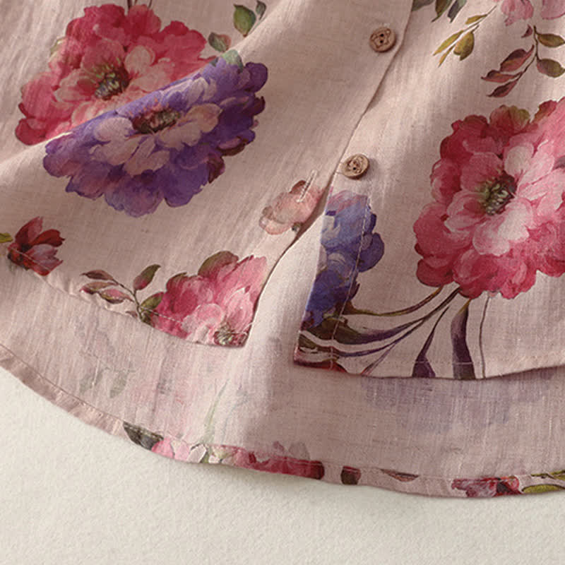Nimara Ritual Summer Casual Boho Drawstring Floral Peony Green Leaves Women's Short Sleeve Shirts