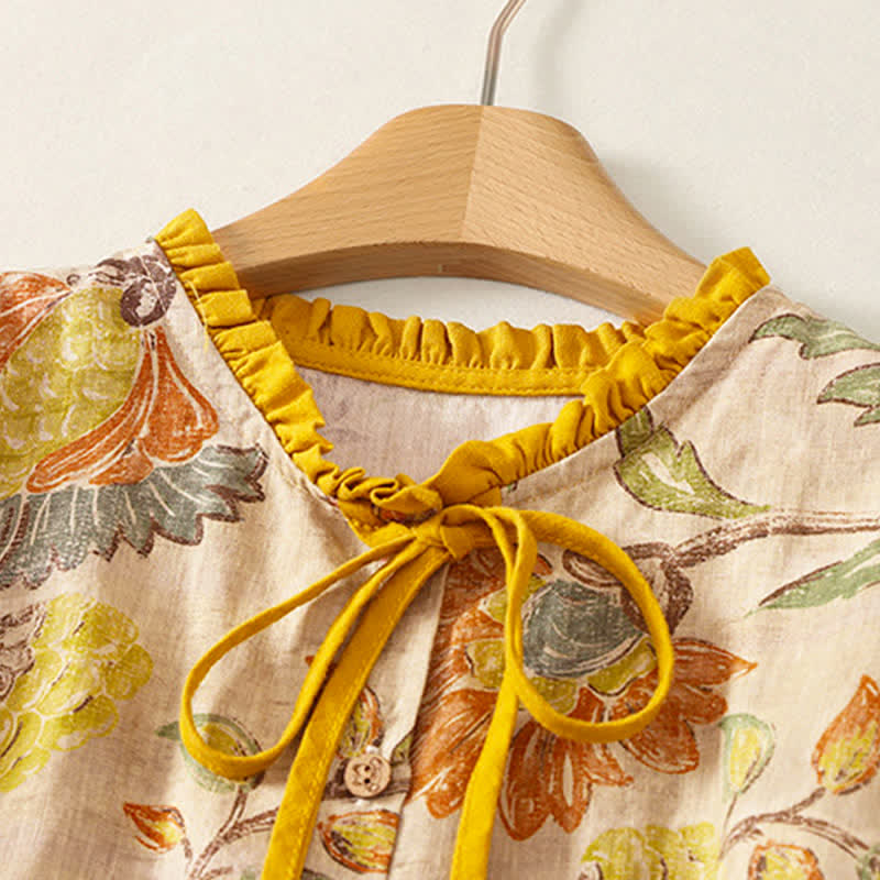 Nimara Ritual Summer Casual Boho Drawstring Floral Peony Green Leaves Women's Short Sleeve Shirts