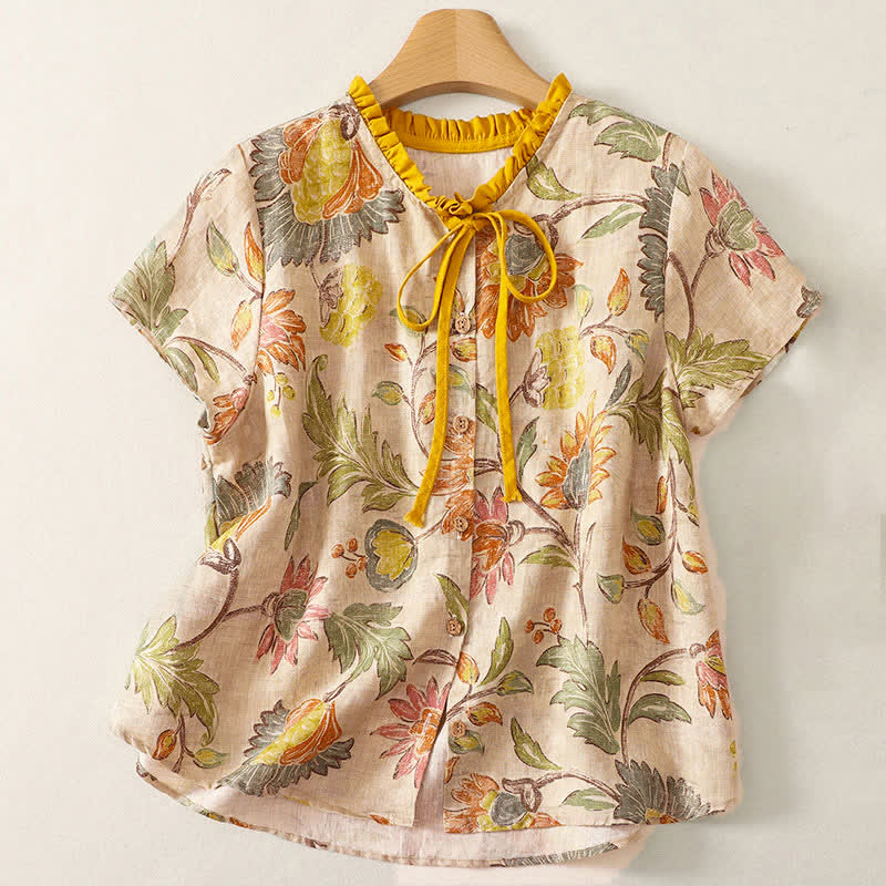 Nimara Ritual Summer Casual Boho Drawstring Floral Peony Green Leaves Women's Short Sleeve Shirts