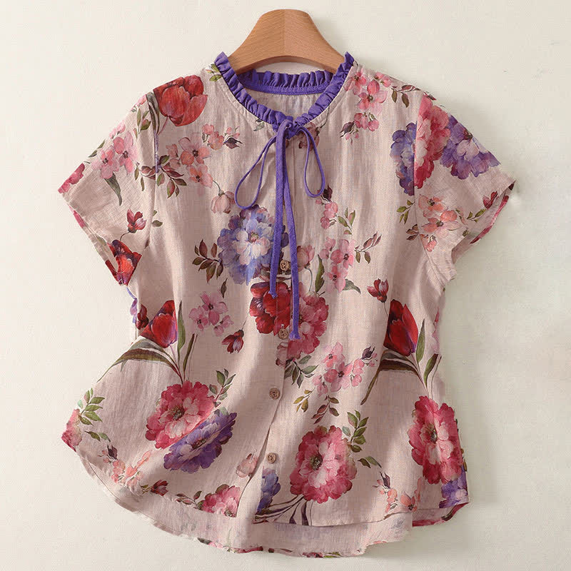 Nimara Ritual Summer Casual Boho Drawstring Floral Peony Green Leaves Women's Short Sleeve Shirts