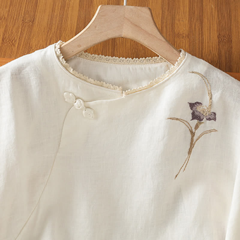 Nimara Ritual Summer Tang Style Vintage Embroidery Frog Button Floral Women's Short Sleeve Shirts
