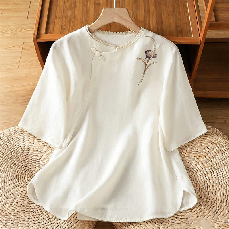 Nimara Ritual Summer Tang Style Vintage Embroidery Frog Button Floral Women's Short Sleeve Shirts