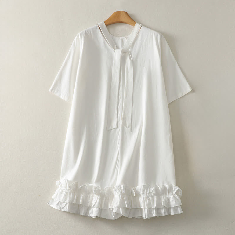 Nimara Ritual Summer Casual Elegant Tie Neck Solid Ruffled Hem Women's Short Sleeve Dress