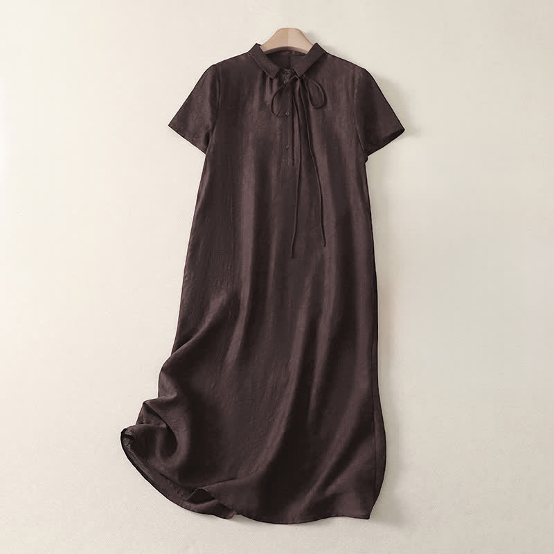 Nimara Ritual Summer Minimalist Vintage Button-Up Solid Lace-up Women's Short Sleeve Dresses With Pockets
