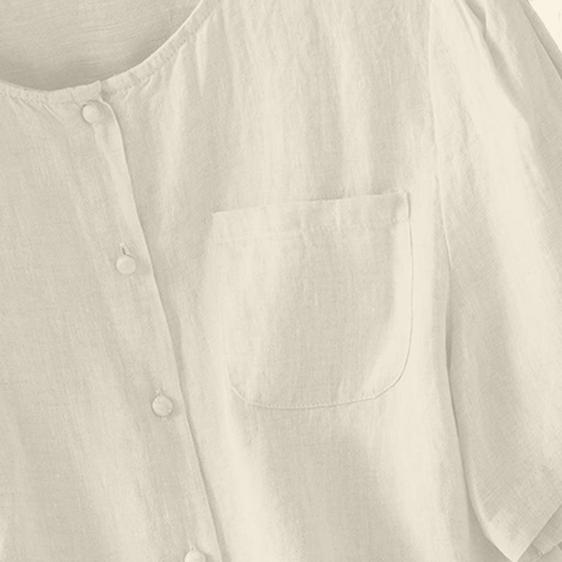 Nimara Ritual Summer Casual Minimalist Button-Up Solid Crew Neck Women's Short Sleeve Shirts With Patch Pocket