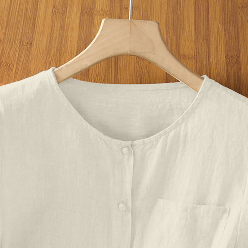 Nimara Ritual Summer Casual Minimalist Button-Up Solid Crew Neck Women's Short Sleeve Shirts With Patch Pocket