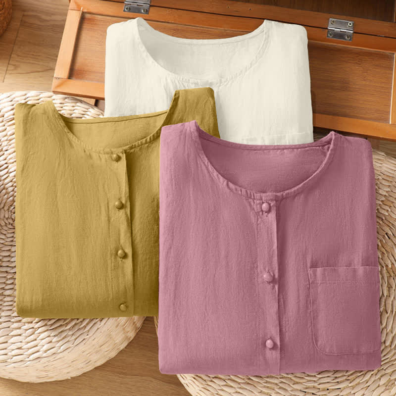 Nimara Ritual Summer Casual Minimalist Button-Up Solid Crew Neck Women's Short Sleeve Shirts With Patch Pocket