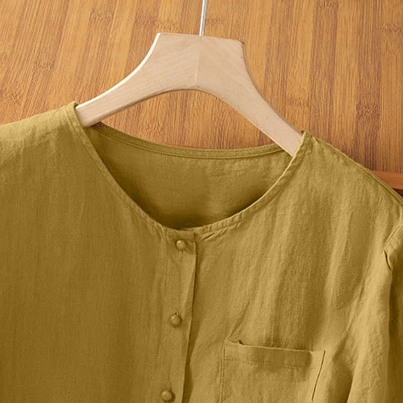 Nimara Ritual Summer Casual Minimalist Button-Up Solid Crew Neck Women's Short Sleeve Shirts With Patch Pocket