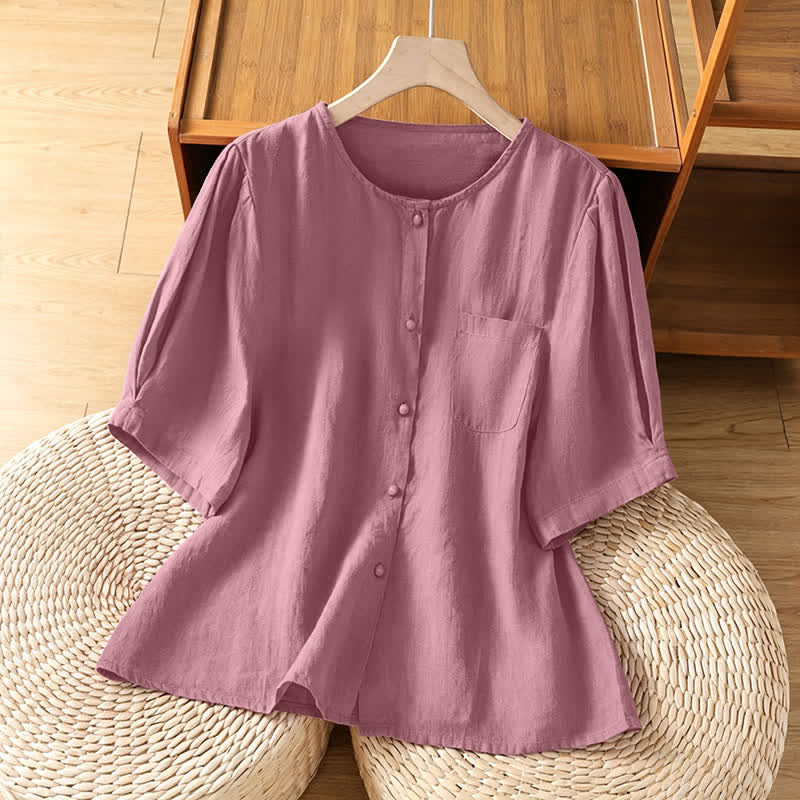 Nimara Ritual Summer Casual Minimalist Button-Up Solid Crew Neck Women's Short Sleeve Shirts With Patch Pocket