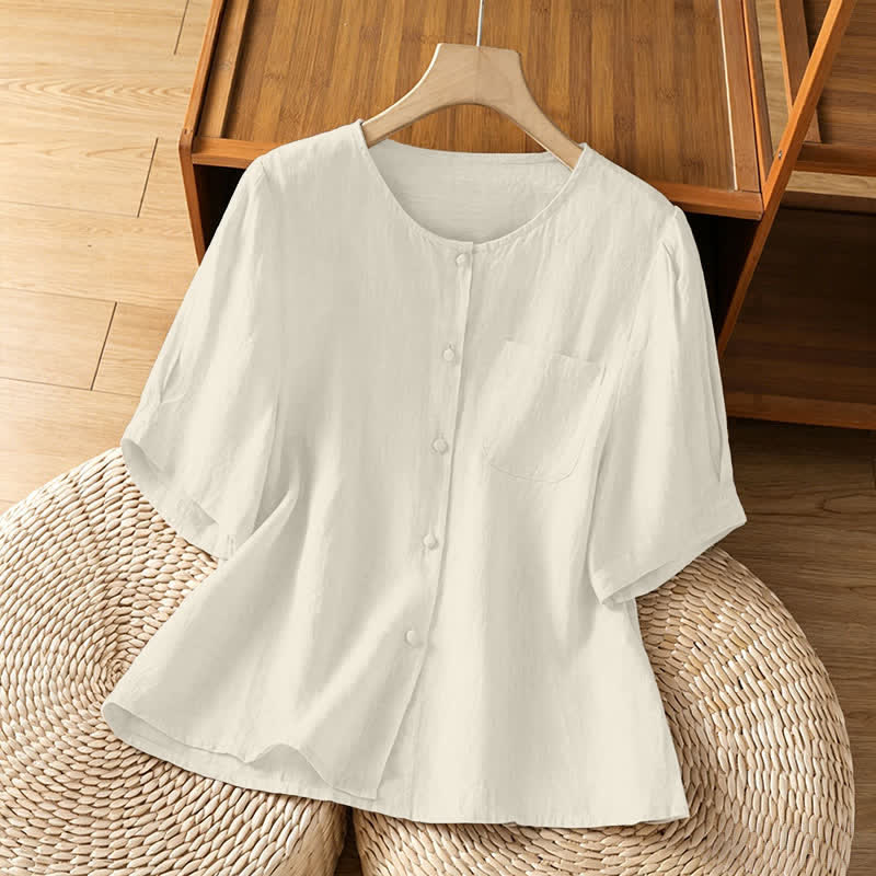 Nimara Ritual Summer Casual Minimalist Button-Up Solid Crew Neck Women's Short Sleeve Shirts With Patch Pocket