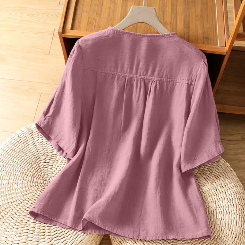 Nimara Ritual Summer Casual Minimalist Button-Up Solid Crew Neck Women's Short Sleeve Shirts With Patch Pocket