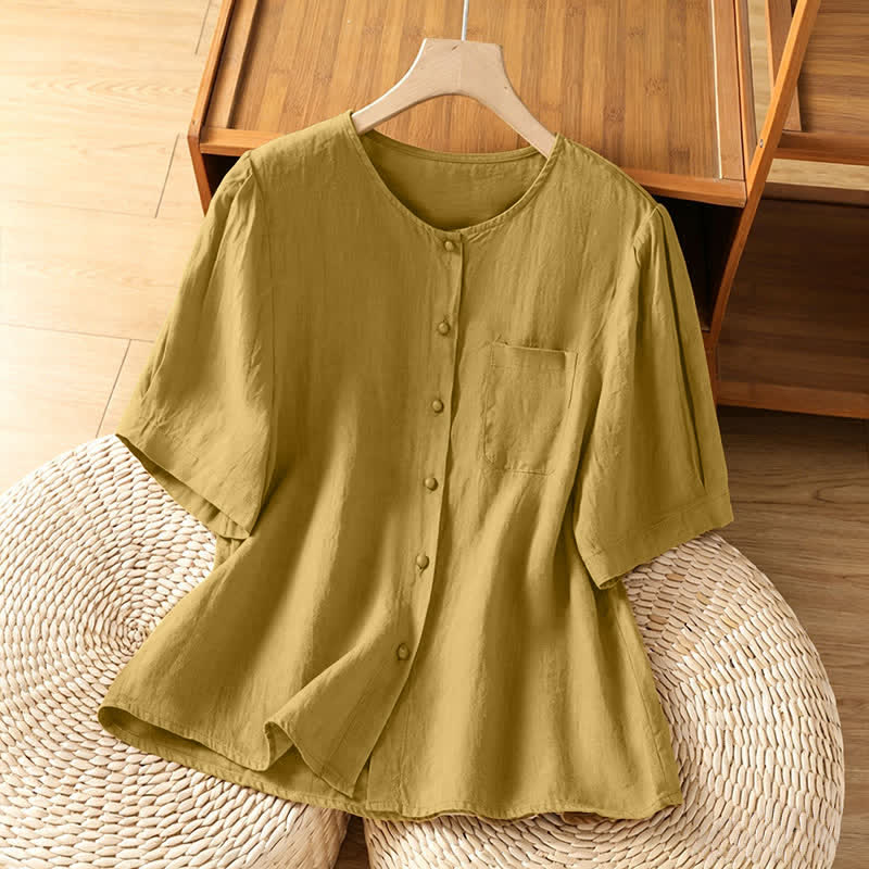 Nimara Ritual Summer Casual Minimalist Button-Up Solid Crew Neck Women's Short Sleeve Shirts With Patch Pocket