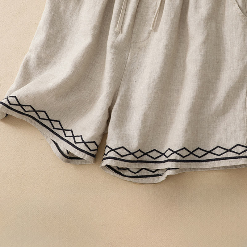 Nimara Ritual Summer Casual Minimalist Drawstring Embroidery Wavy Lines Geometric Women's Shorts With Pockets