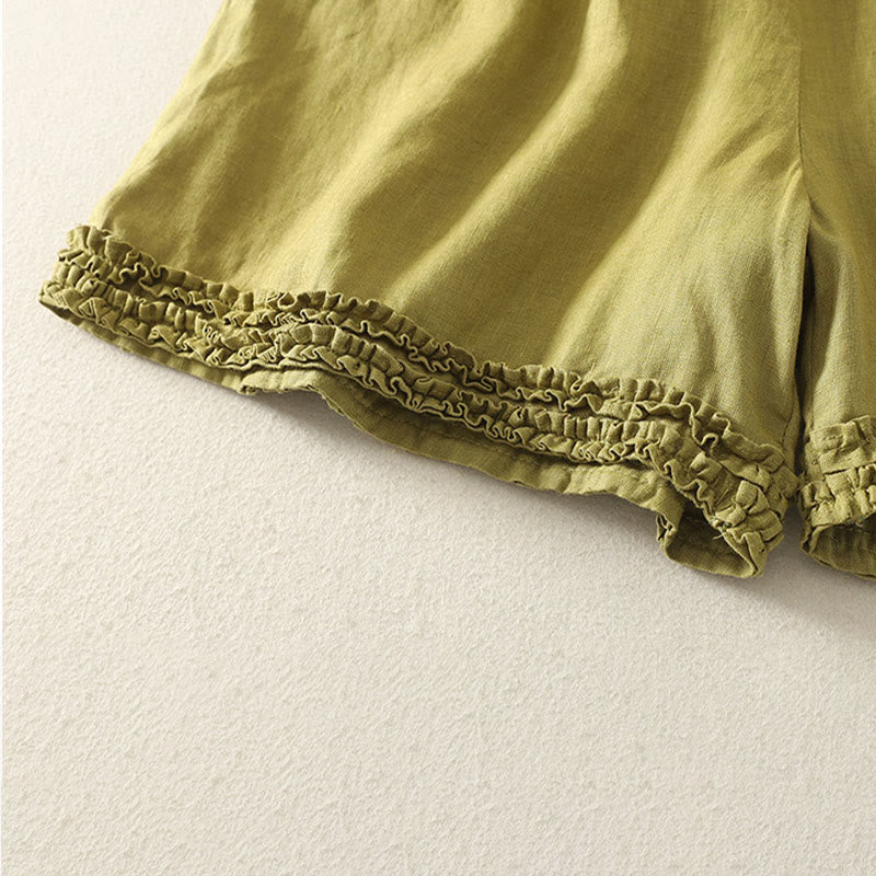 Nimara Ritual Summer Casual Vintage Solid Elastic Waist Ruffled Hem Women's Shorts With Pockets