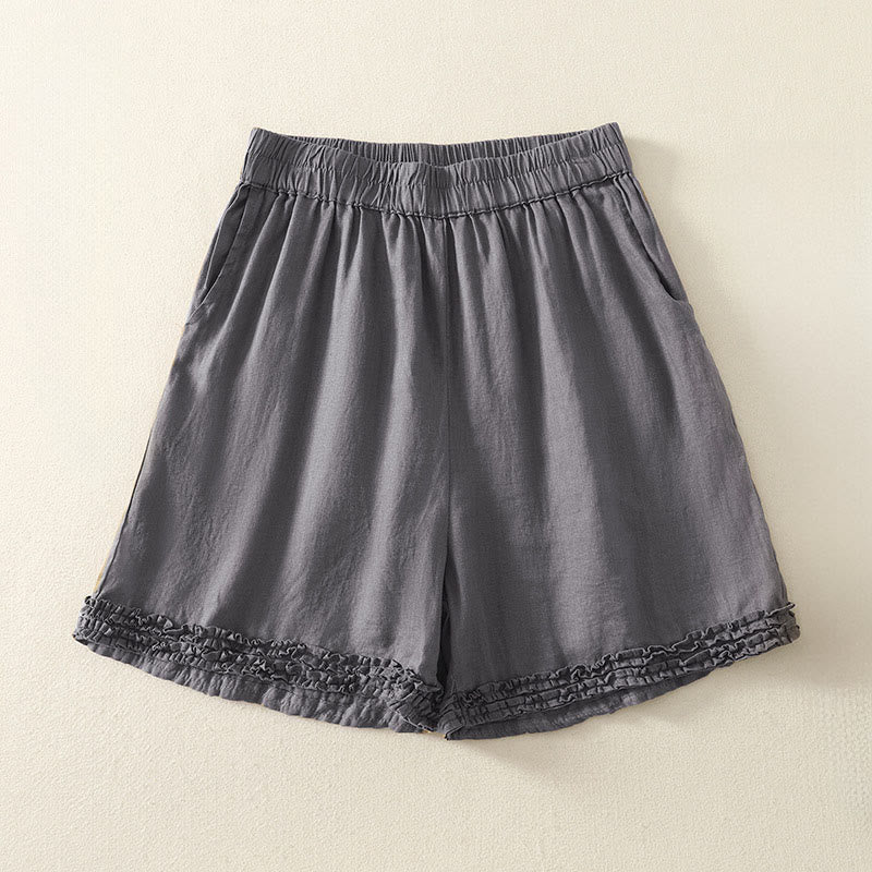 Nimara Ritual Summer Casual Vintage Solid Elastic Waist Ruffled Hem Women's Shorts With Pockets