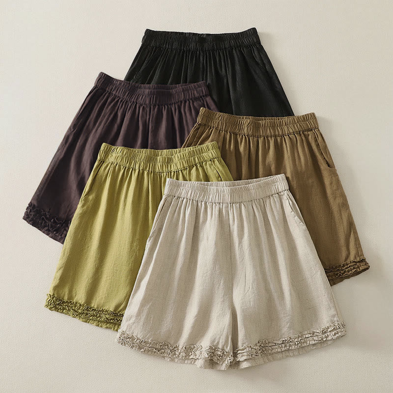 Nimara Ritual Summer Casual Vintage Solid Elastic Waist Ruffled Hem Women's Shorts With Pockets