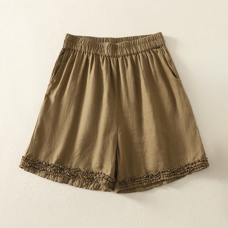 Nimara Ritual Summer Casual Vintage Solid Elastic Waist Ruffled Hem Women's Shorts With Pockets