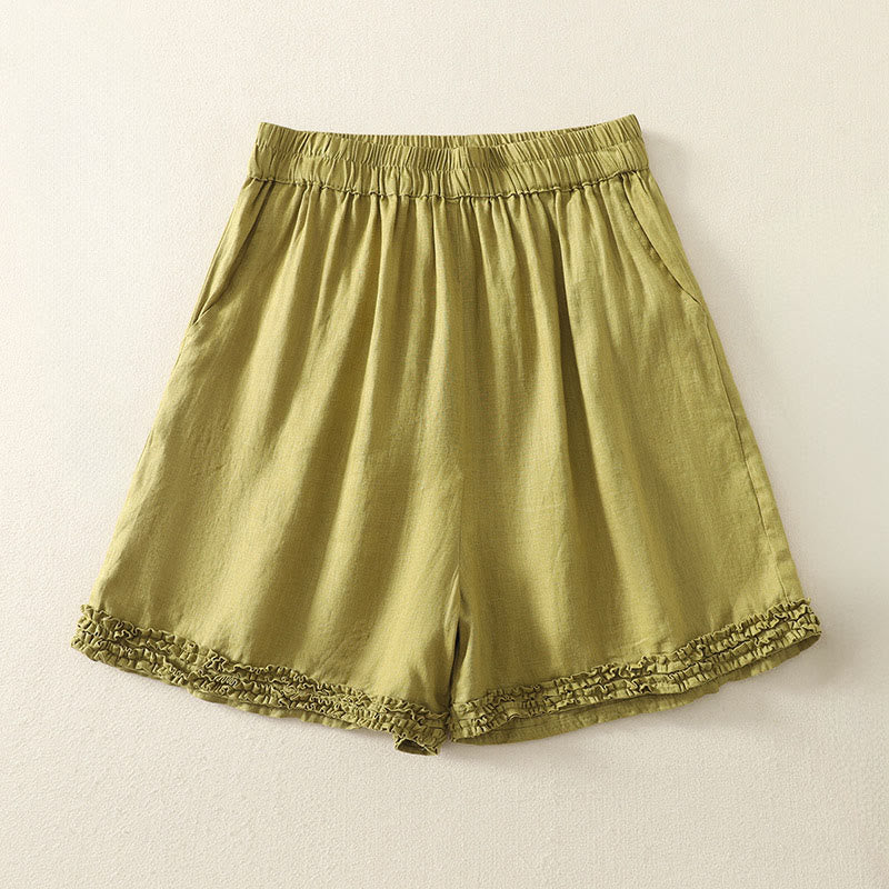 Nimara Ritual Summer Casual Vintage Solid Elastic Waist Ruffled Hem Women's Shorts With Pockets