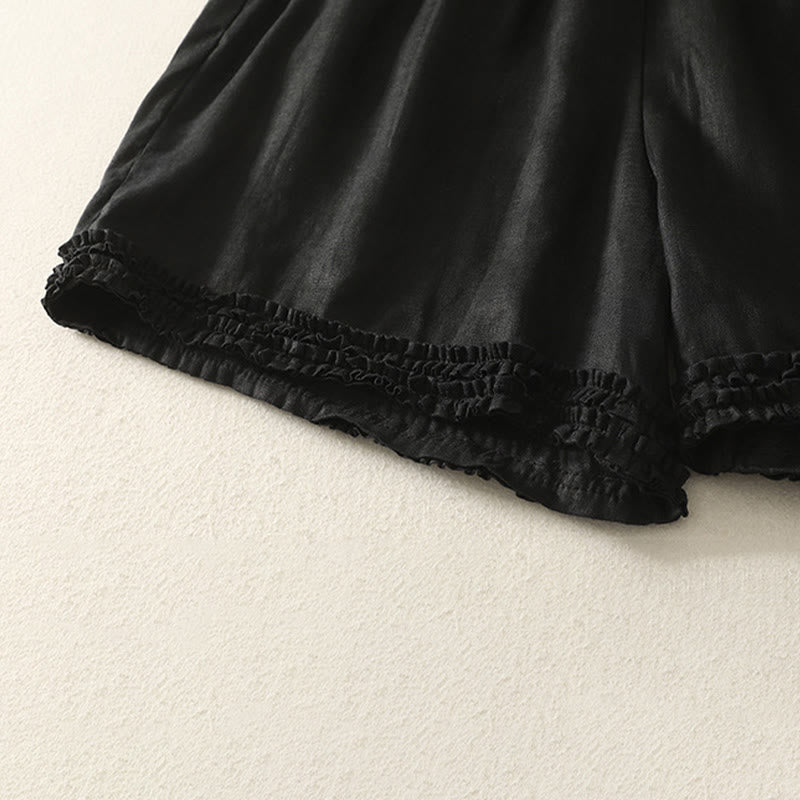 Nimara Ritual Summer Casual Vintage Solid Elastic Waist Ruffled Hem Women's Shorts With Pockets
