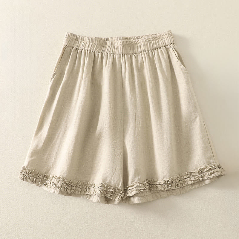 Nimara Ritual Summer Casual Vintage Solid Elastic Waist Ruffled Hem Women's Shorts With Pockets