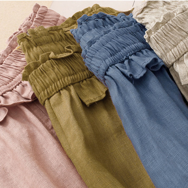 Nimara Ritual Summer Casual Minimalist Solid Ruffled Elastic Waist Cropped Pants Women's Straight Leg Pants With Pocket