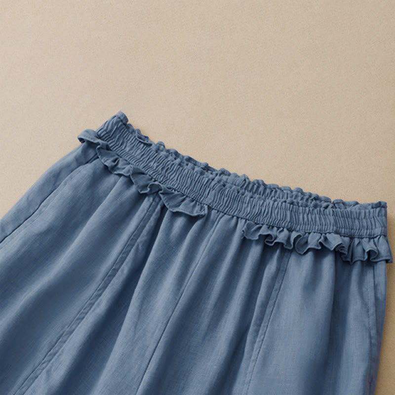 Nimara Ritual Summer Casual Minimalist Solid Ruffled Elastic Waist Cropped Pants Women's Straight Leg Pants With Pocket