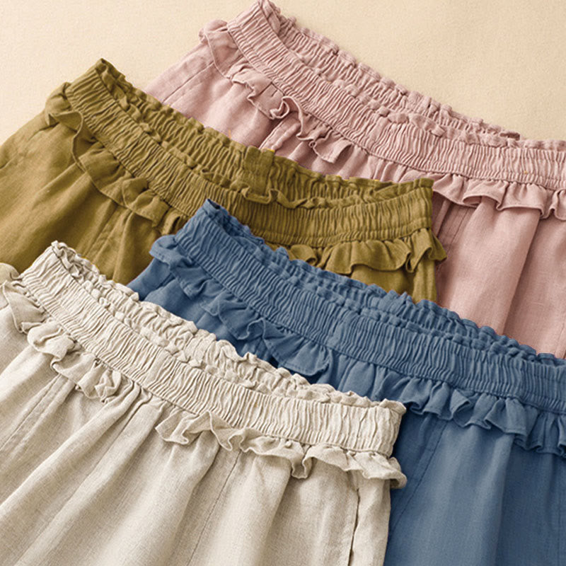 Nimara Ritual Summer Casual Minimalist Solid Ruffled Elastic Waist Cropped Pants Women's Straight Leg Pants With Pocket