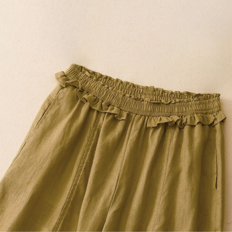 Nimara Ritual Summer Casual Minimalist Solid Ruffled Elastic Waist Cropped Pants Women's Straight Leg Pants With Pocket