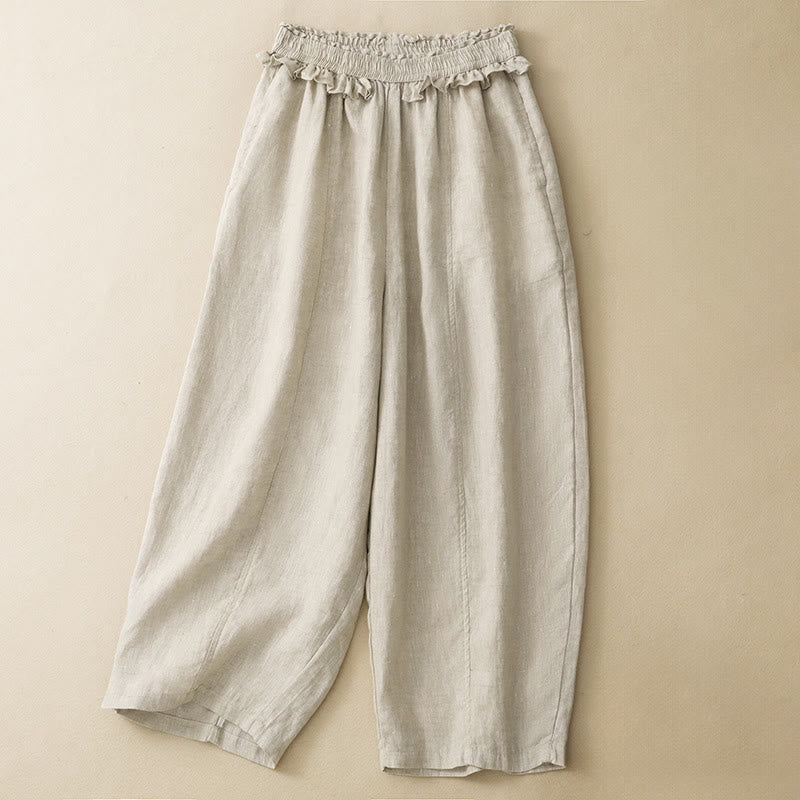 Nimara Ritual Summer Casual Minimalist Solid Ruffled Elastic Waist Cropped Pants Women's Straight Leg Pants With Pocket