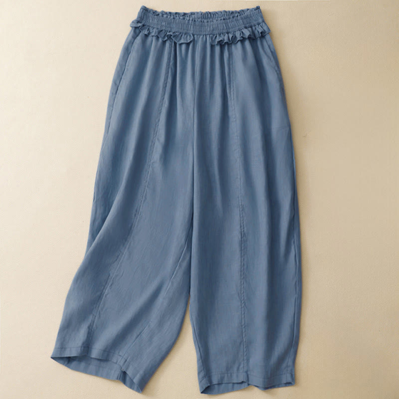 Nimara Ritual Summer Casual Minimalist Solid Ruffled Elastic Waist Cropped Pants Women's Straight Leg Pants With Pocket